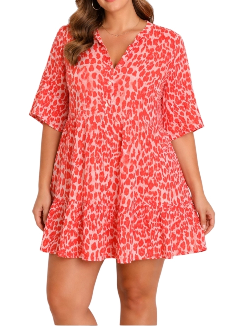 Yolly Italy Coral Animal-Print V-Neck Tiered Tunic/Mini Dress
